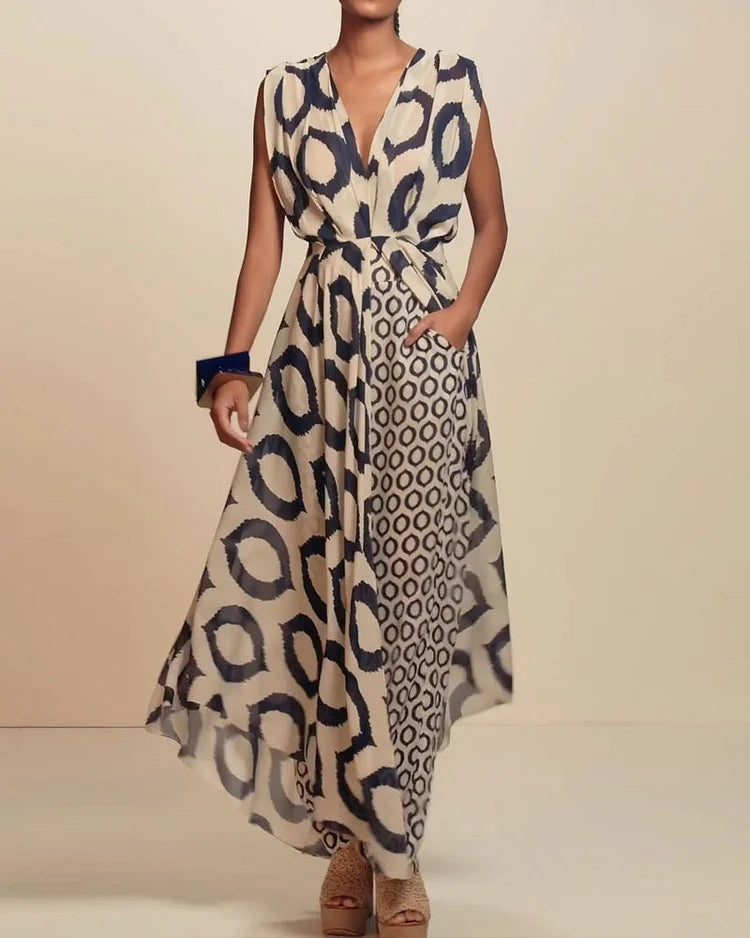 Completo Due Pezzi Casual Senza Maniche a Fantasia con Vita Sottolineata