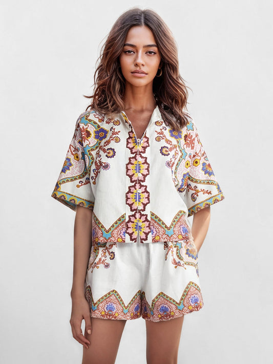 Completo Due Pezzi Boho a Fiori – Camicia e Shorts Coordinati