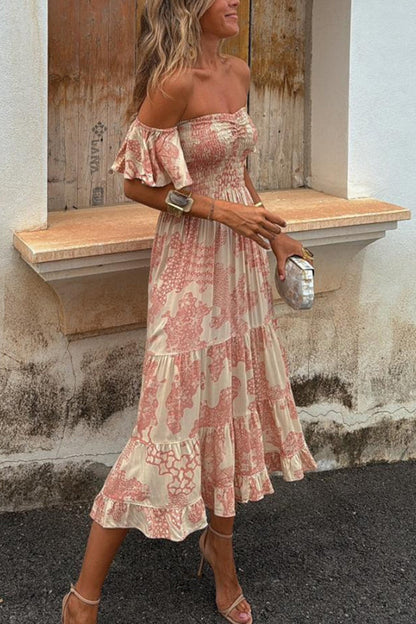 Abito Midi con Spalle Scoperte e Stampa Romantica – Pitaya